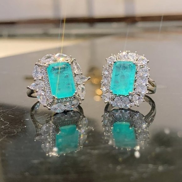 🍂  925 Silver Exclusive Blue Emerald Cut Cubic Zirconia Ring, FB16FA1064 - Picture 5 of 6